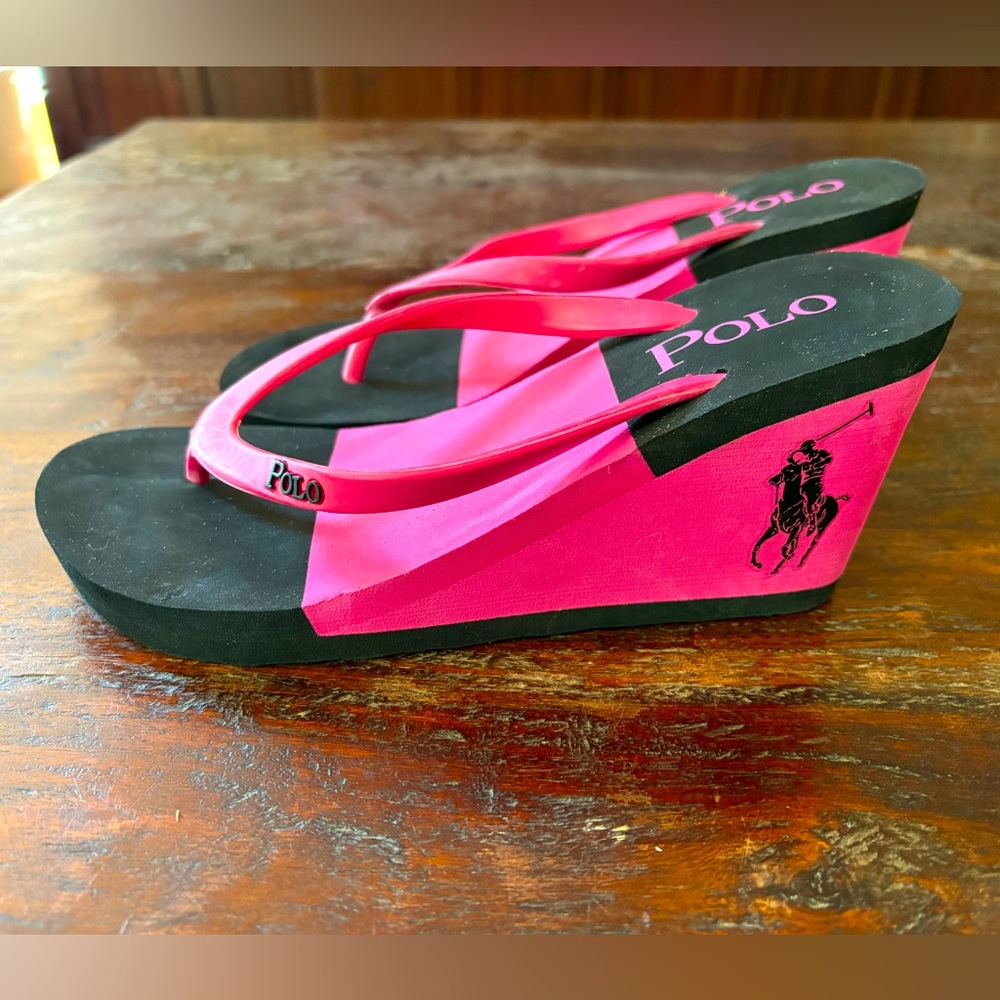 Polo by Ralph Lauren Pink and Black Wedge Flip Flops in Size 7
